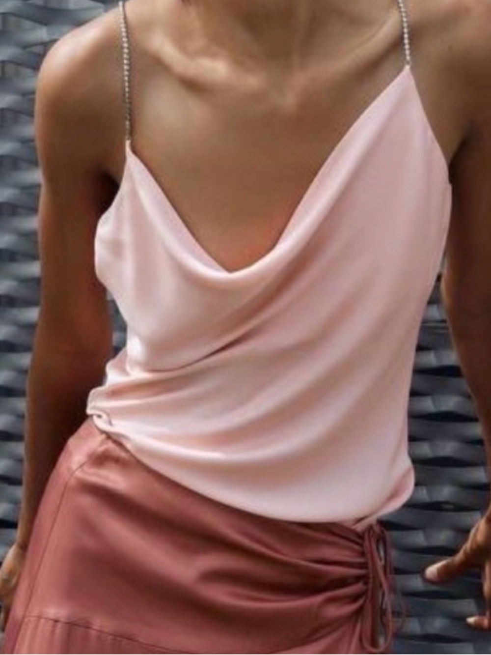 Zara Blush Satin Cowl-Neck Camisole with Chain Straps